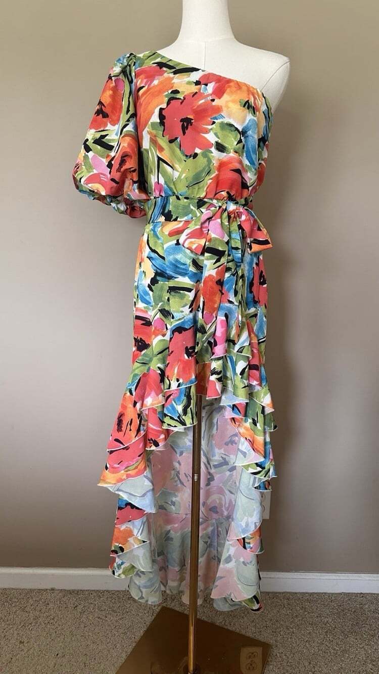 Show Me Your Mumu XS Standout One Shoulder Maxi Dress Mimosa Fiesta Ruffle Garde - Picture 3 of 8